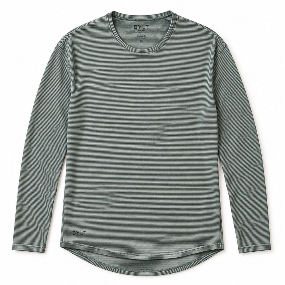 BYLT Men's LUX Drop-Cut Long Sleeve Shirt Green Gray Stripe Stretch XL